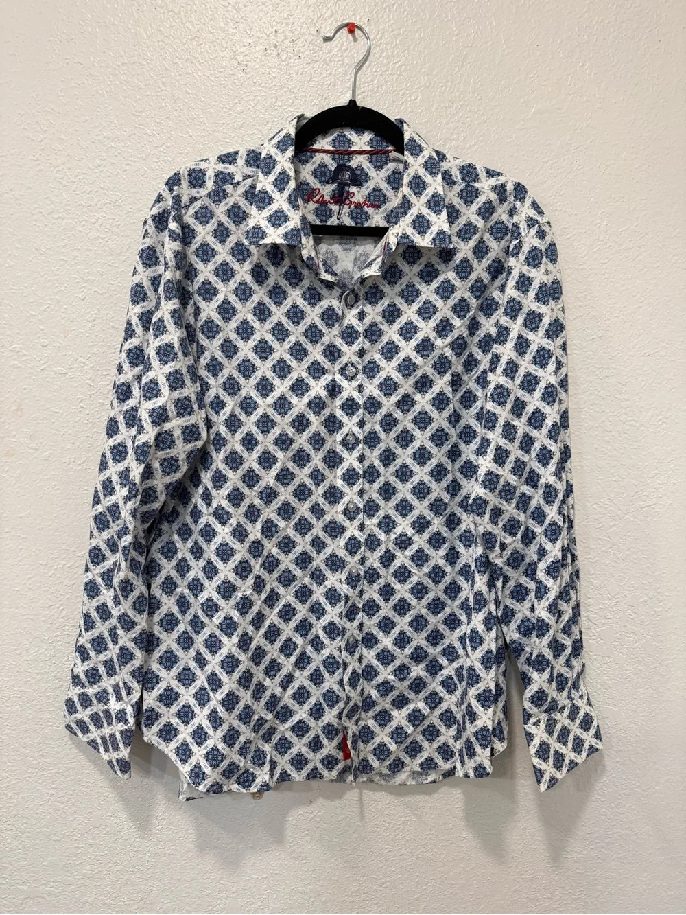 Robert Graham Men’s XL Classic Fit Blue White Geometric Print Button Front Shirt